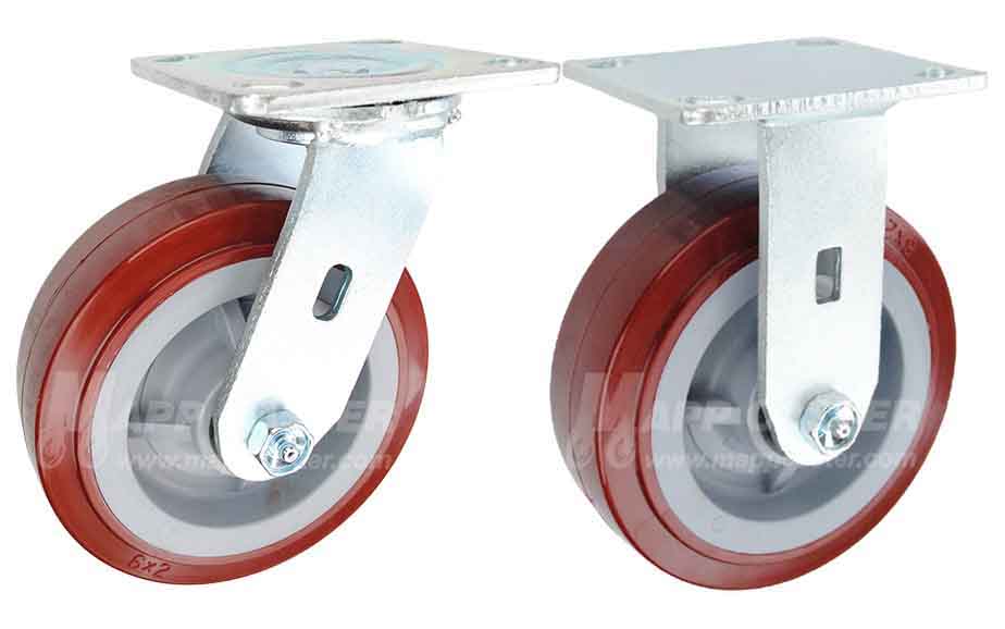 Red polyurethane on polyolefin Plate Casters - Floor protective, non-marking, NSF Certified, RoHS Compliant