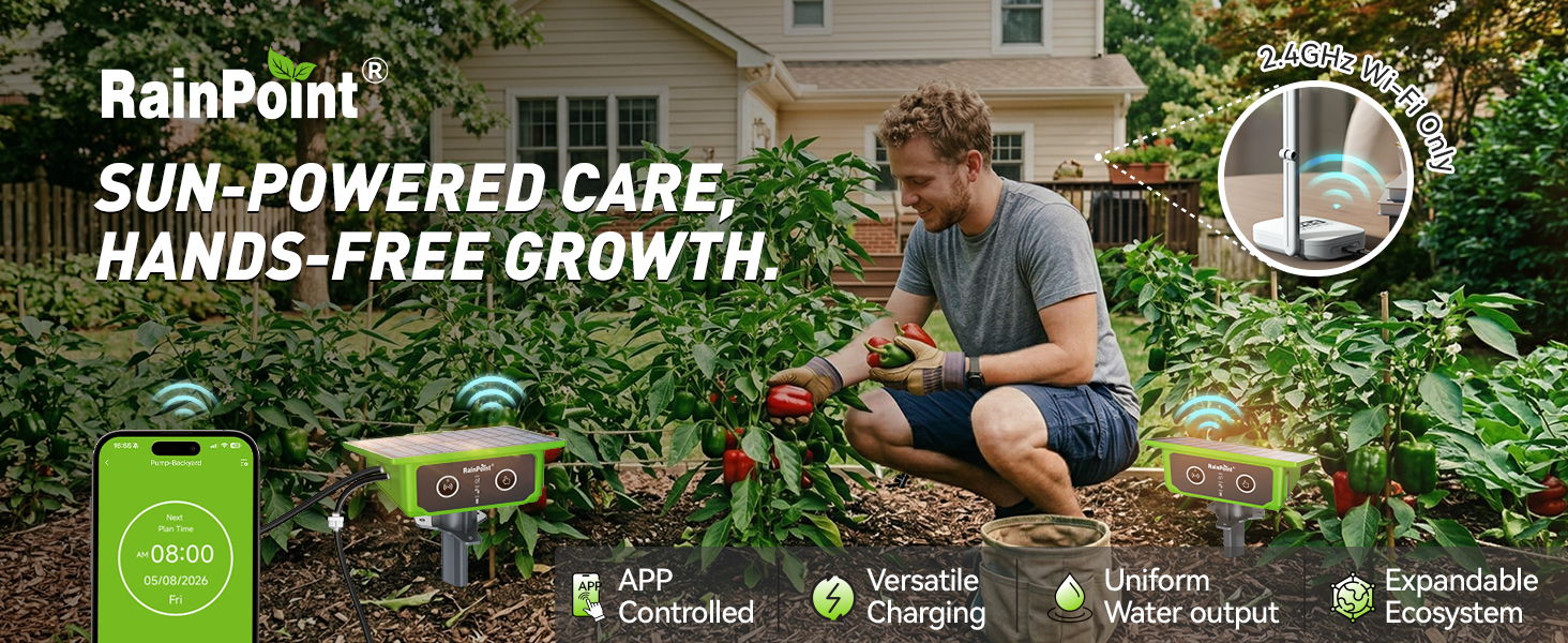 Person gardening with technology, promoting sun-powered, hands-free plant care.