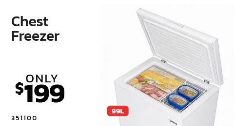 Chest freezer with food items inside, priced at $199.