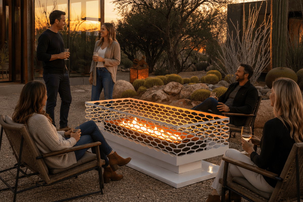 Friends gathered around a modern outdoor fire pit in a desert backyard conversation area at sunset.