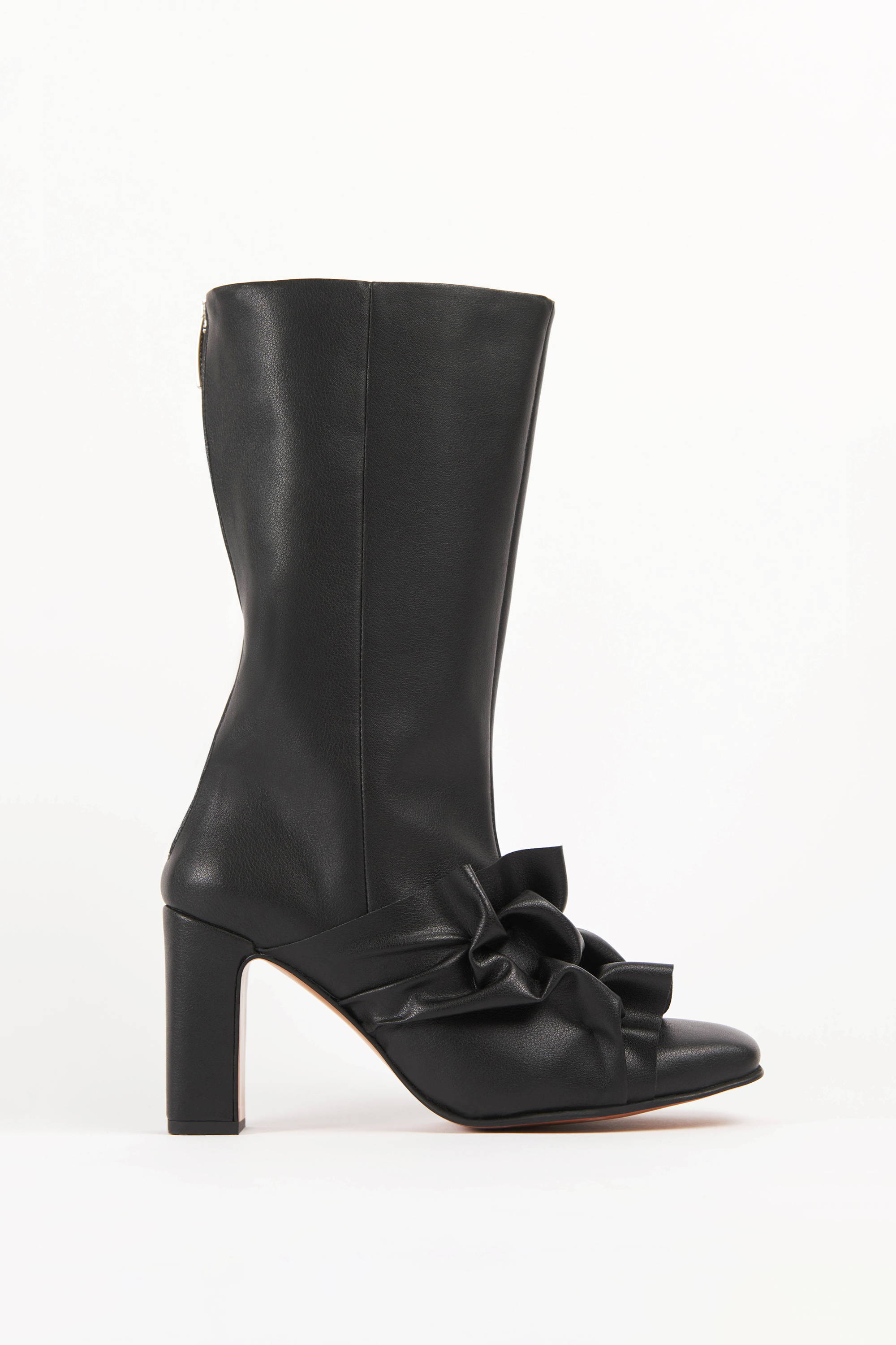 Vandrelaar Greta black vegan leather high-heel ankle boot for women featuring canadian smocking detailing and silver zip