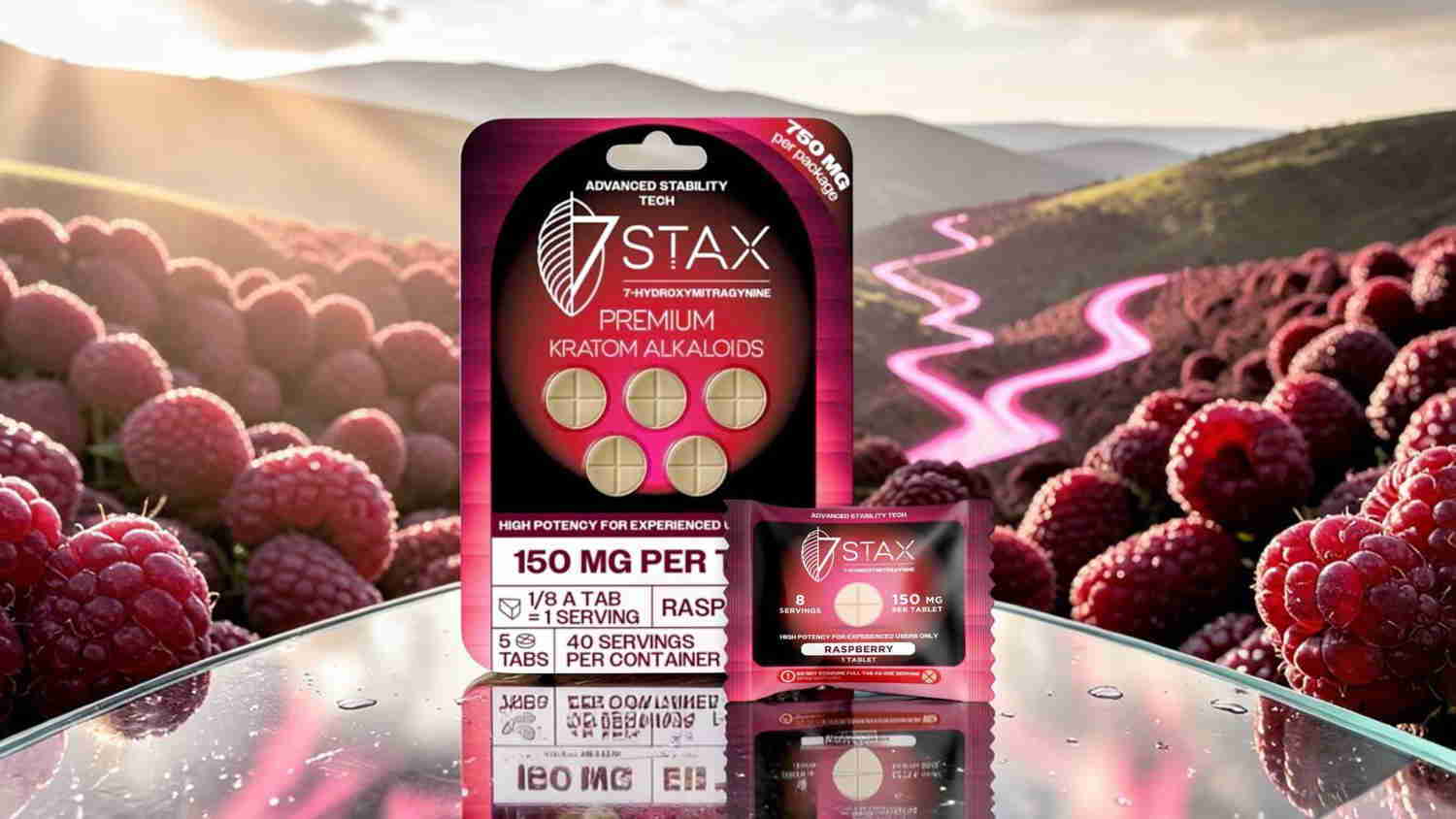 Product packaging of dietary supplements with a raspberry background.