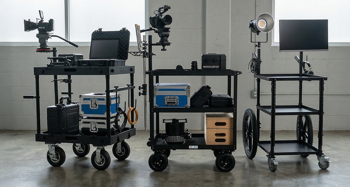 Three equipment carts with cameras, lighting, and accessories in a studio setting.