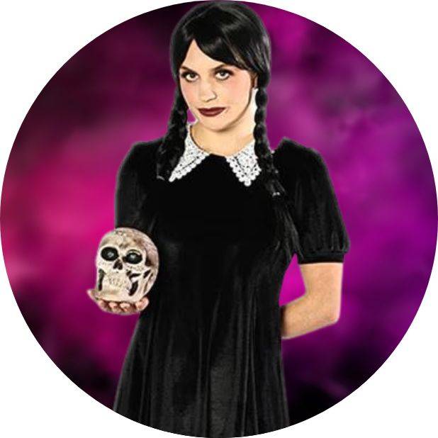 Woman in inspired Wednesday Addams costume on purple background. Shop all womens costumes.
