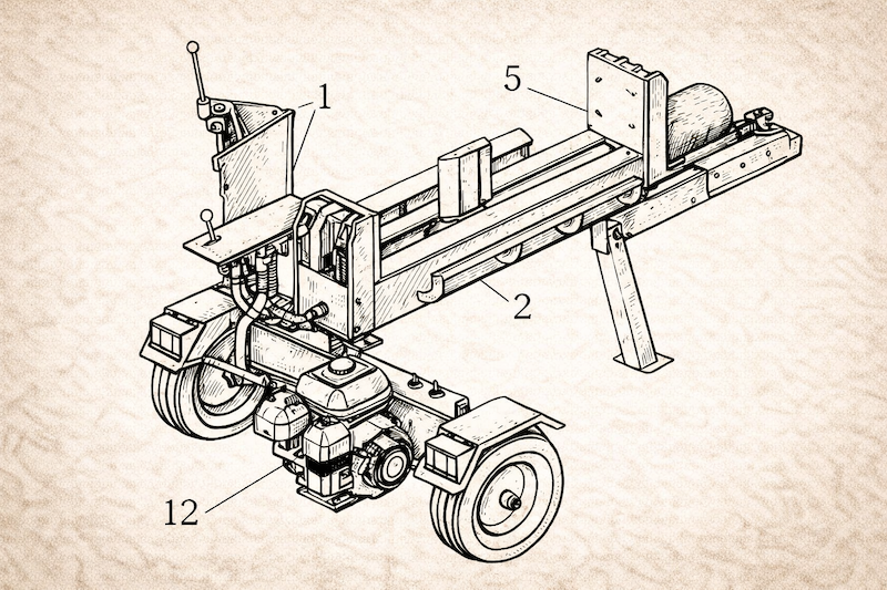 Illustration of a wood splitter with labeled parts and components.