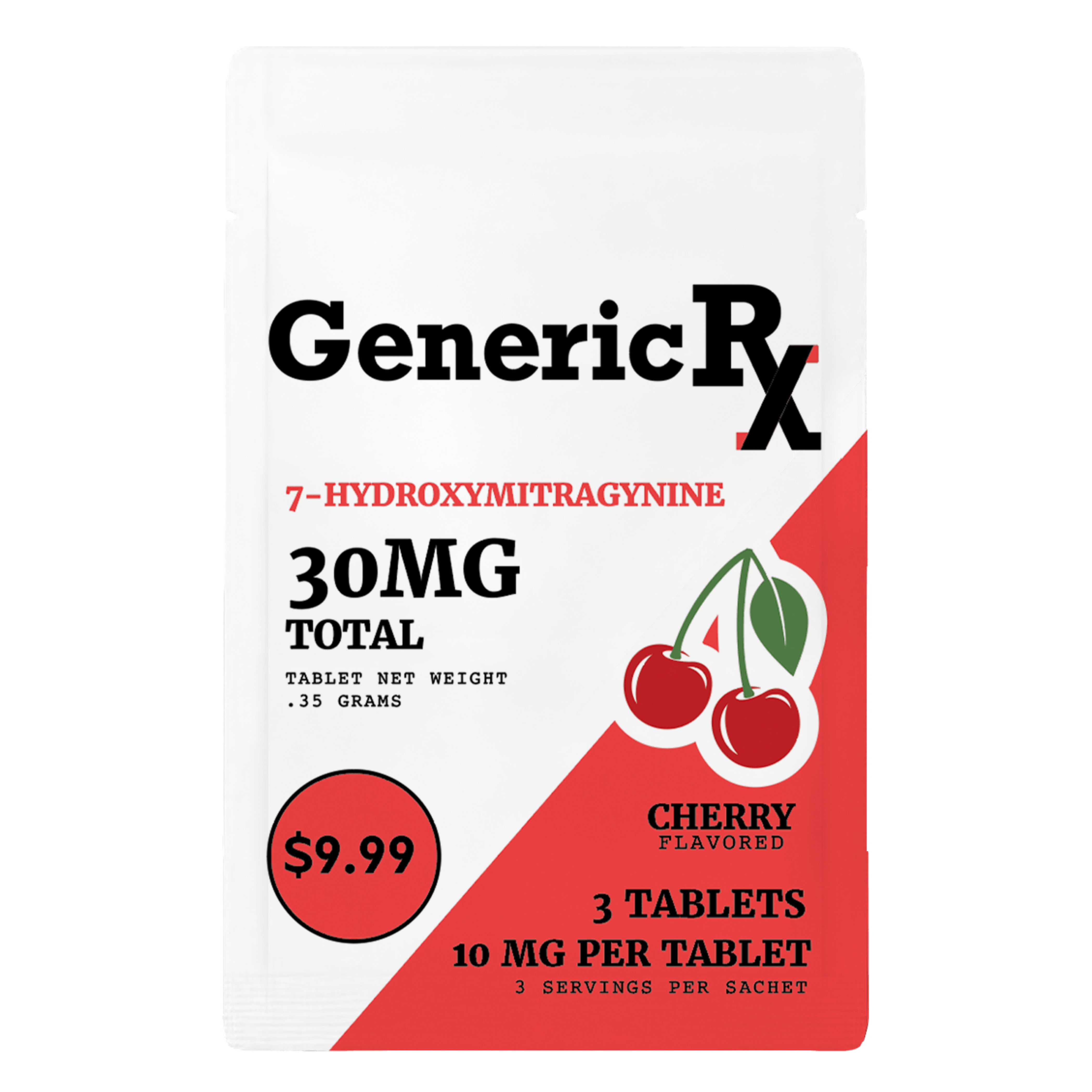 GenericRx 7-Hydroxymitragynine cherry flavored tablets package.