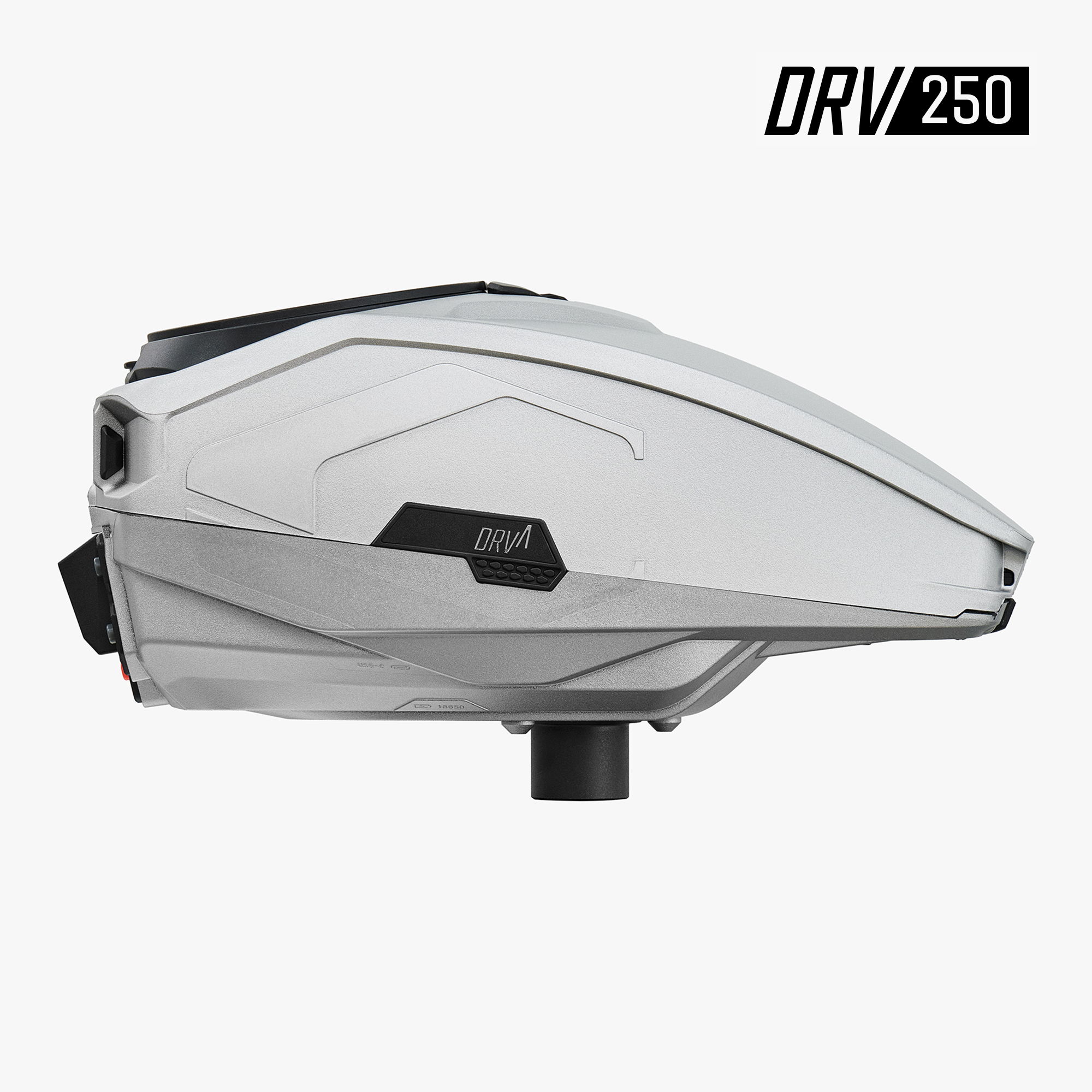 Silver paintball loader with a sleek design, labeled DRV 250.