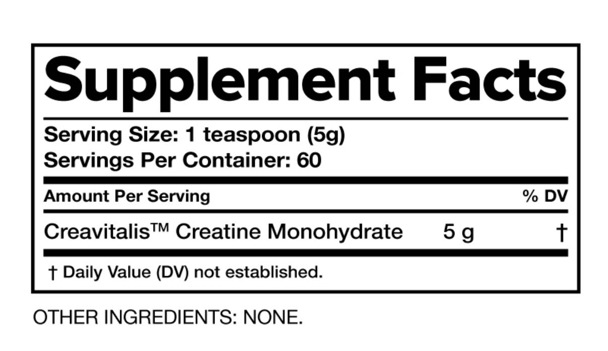 Close-up of the ingredient label on Complement Creatine Monohydrate supplement container.