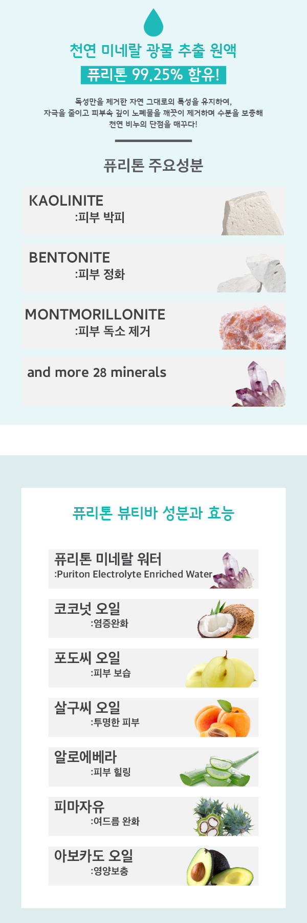 천연 미네랄 광물 추출 원액 퓨리톤 함유 독성만을 제거한 자연 그대로의 특성을 유지하여 자극을 줄이고 피부속 깊이 노폐물을 깨끗이 제거하며 수분을 보출해 천연 비누의 단점을 매꾸다 퓨리톤 주요 성분 Kaolinite  피부 박피 Bentonite 피부정화 montmorillonite 피부 독소 제거 퓨리톤 뷰티바 성분과 효능 퓨리톤 미네랄 워터 코코넛 오일 염증완화 포도씨오일 사룩씨오일 보습 투명한 피부 알로에베라 피부 힐링 피마자유 여드름 완화 아보카도 오일 영양보충