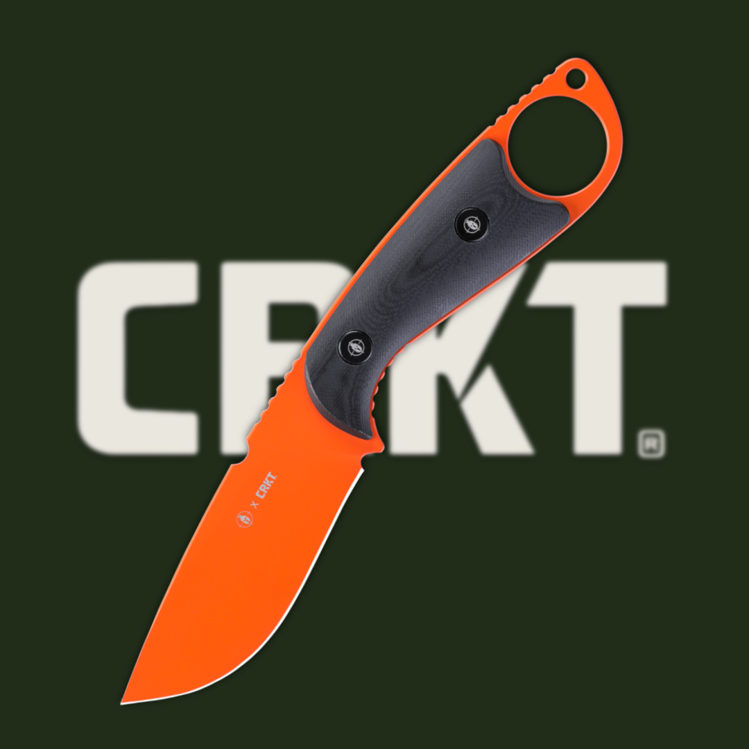 Orange folding knife with black handle, featuring CRKT logo in background.