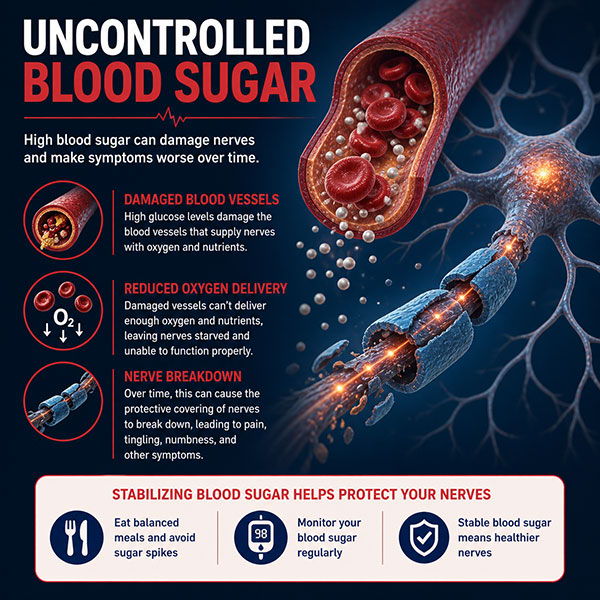 Infographic on the effects of uncontrolled blood sugar on nerves and health.