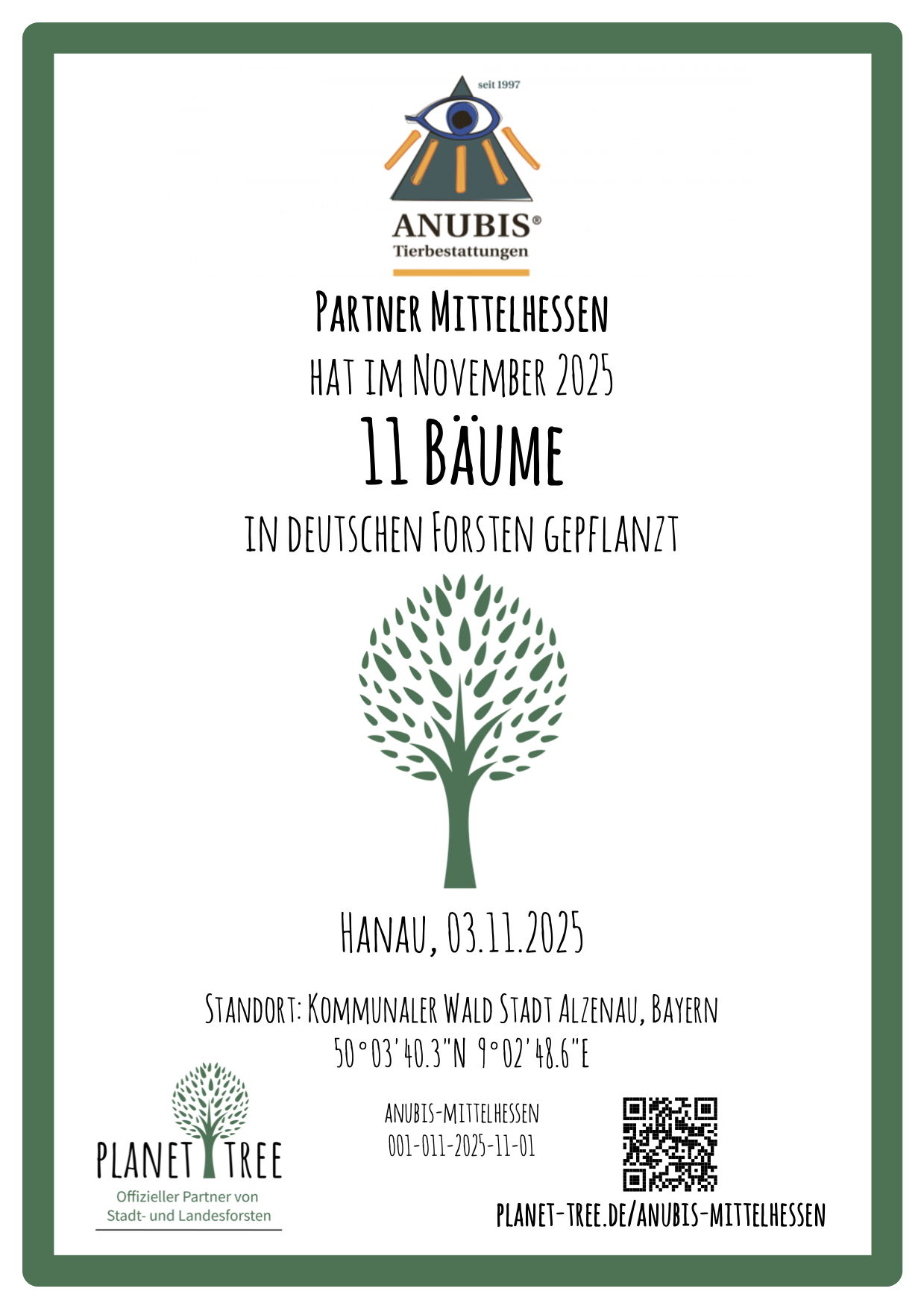 Event poster for planting 11 trees in Hanau, Germany, on November 3, 2025.