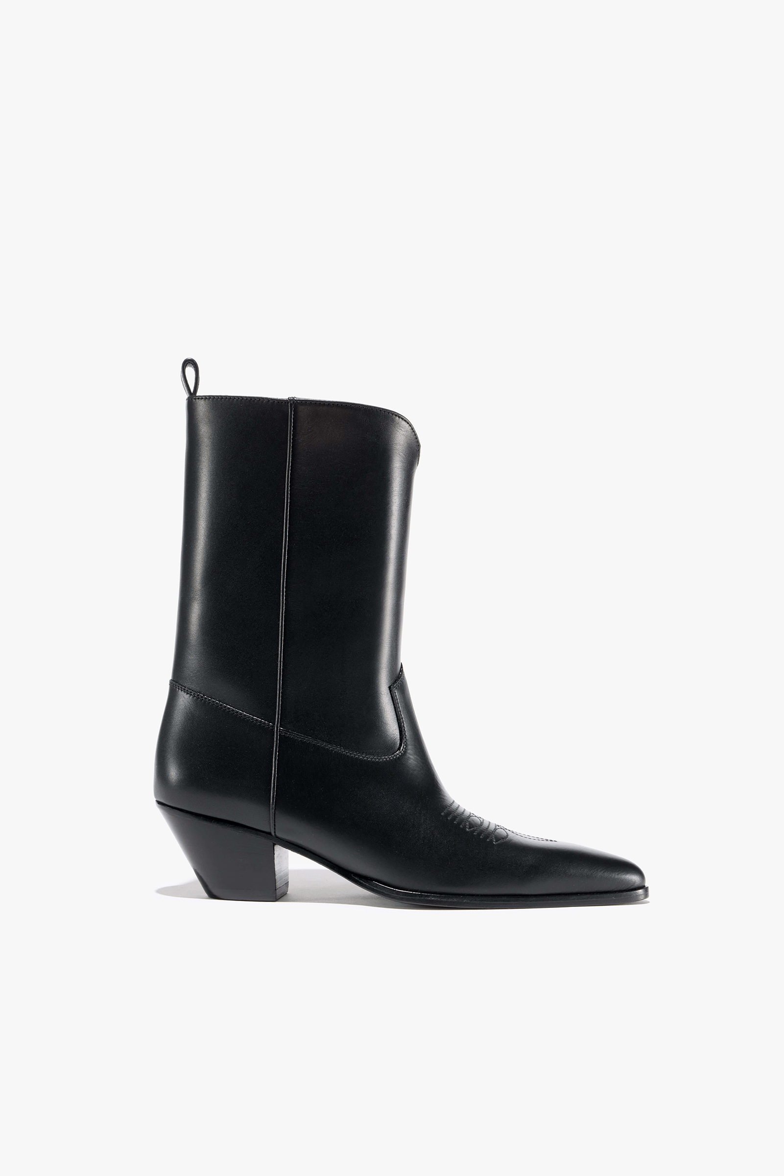 Black leather ankle boots with a pointed toe and a mid-heel.