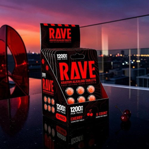 Box of RAVE tablets on a reflective surface at sunset.