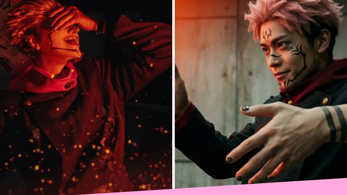 Ryomen Sukuna full body villain cosplay shot with curse markings and pink wig in dark editorial studio