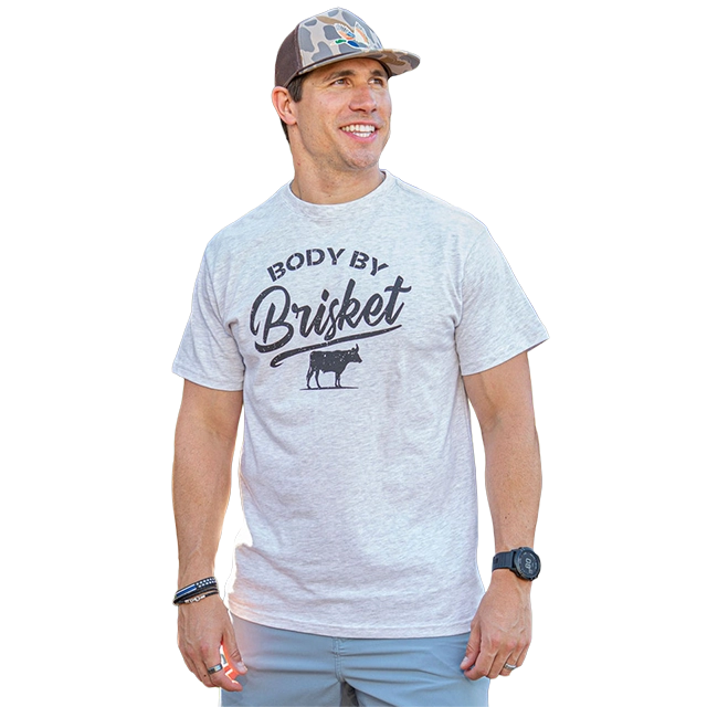 Man in a gray t-shirt with 