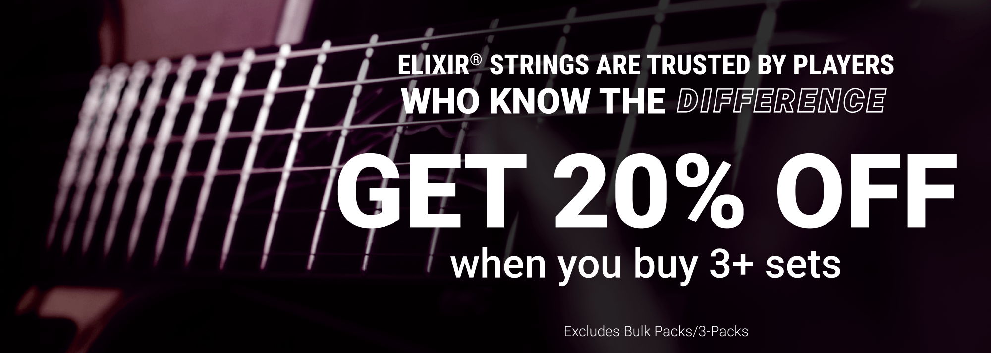 Guitar strings promotion advertising 20% off when buying three or more sets.