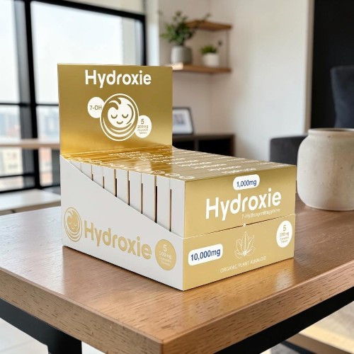 Box of Hydroxie products displayed on a wooden table in a bright room.
