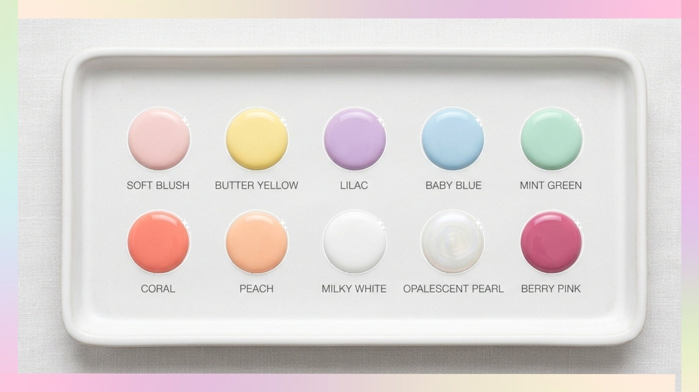 Spring 2026 pedicure color palette swatches — pink, yellow, lilac, blue, mint, coral, peach, white, pearl, berry