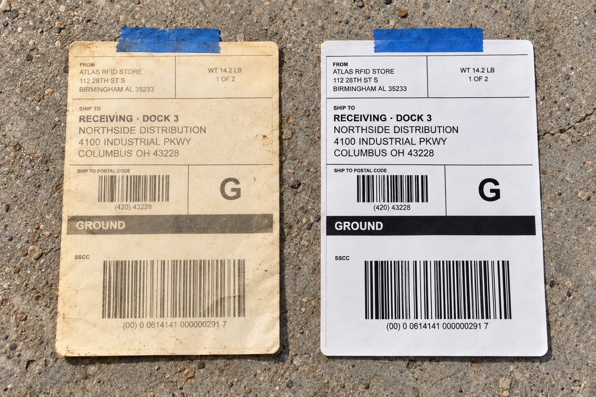 The same shipping label on direct thermal (faded) and thermal transfer (crisp) stock after weeks in sunlight.
