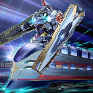 yu-gi-oh blazing dominion enneacraft A futuristic robot riding a high-speed train in a dynamic scene.