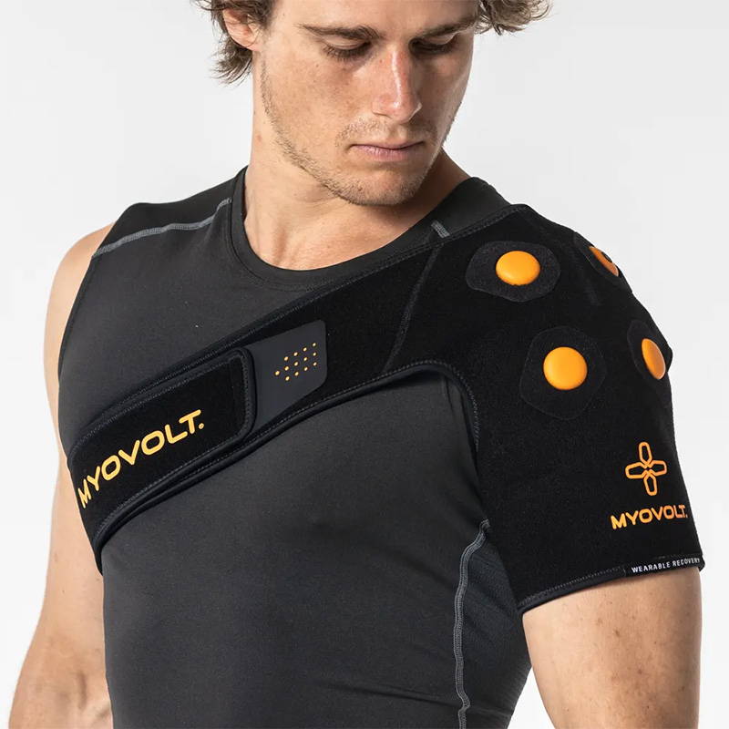 Myovolt vibration therapy shoulder brace for muscle pain relief and treatment of Frozen Shoulder, Swimmer’s Shoulder and sports overuse injury. Athlete recovery and warm-up device to Improve shoulder mobility.