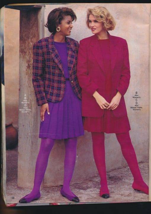 Sears Spring/Summer 1993 –  The fuchsia look is a wash of pure color from head to toe while the purple outfit is broken up with a blazer.