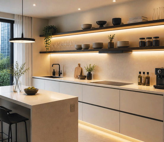 Under cabinet lighting in a modern kitchen with illuminated shelves and cabinets using integrated lighting controls