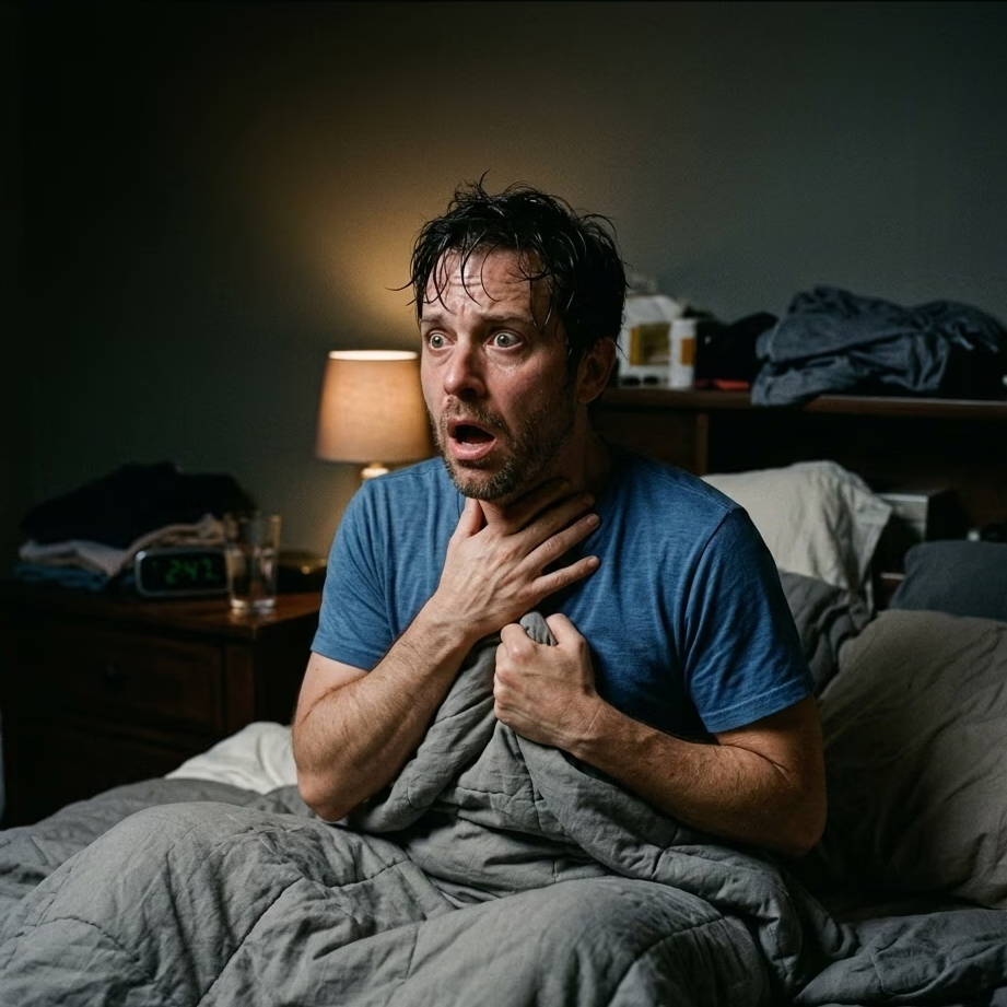 Man in bed looking shocked or distressed, holding his throat.