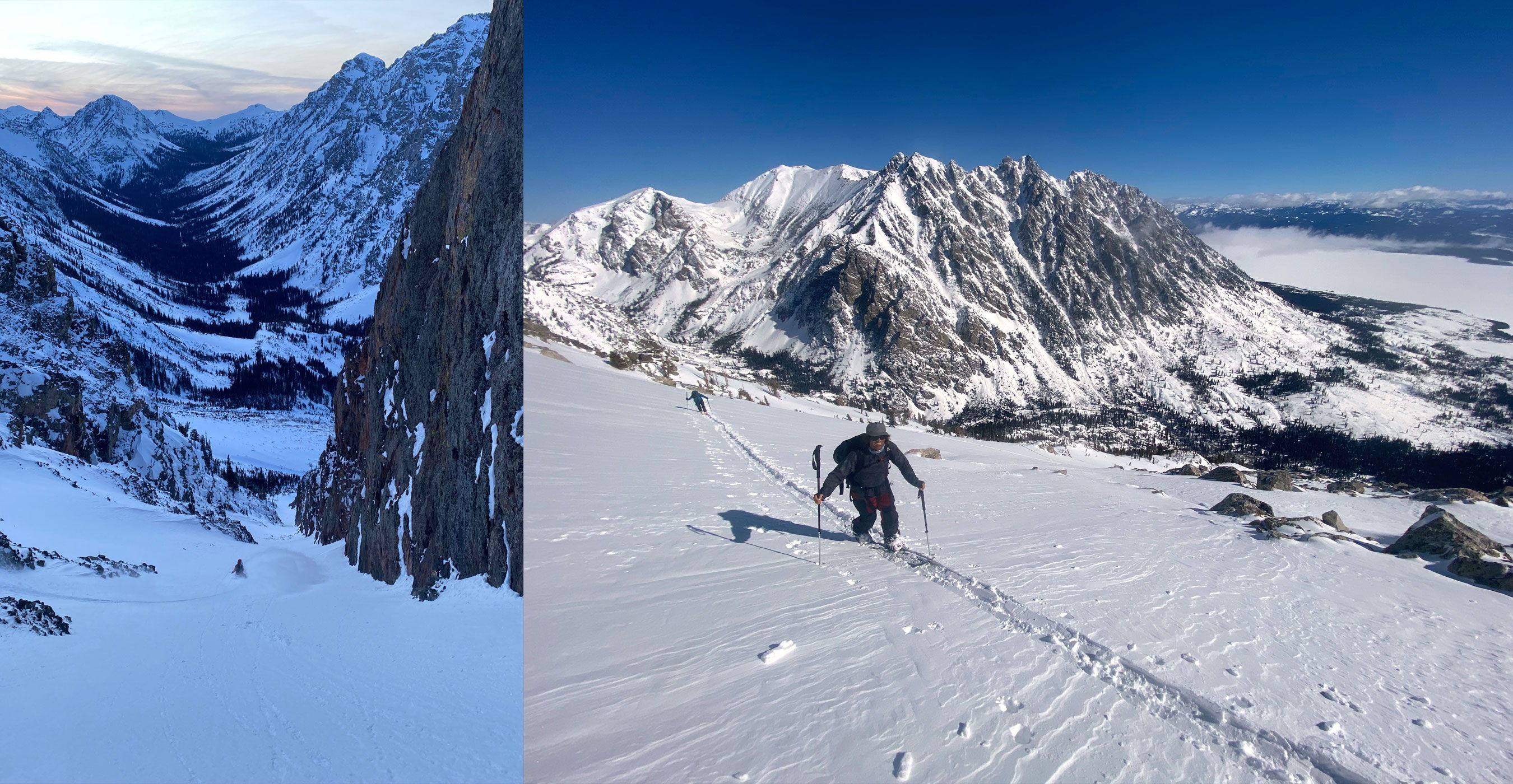 Two snowy mountain scenes, one with a climber ascending.