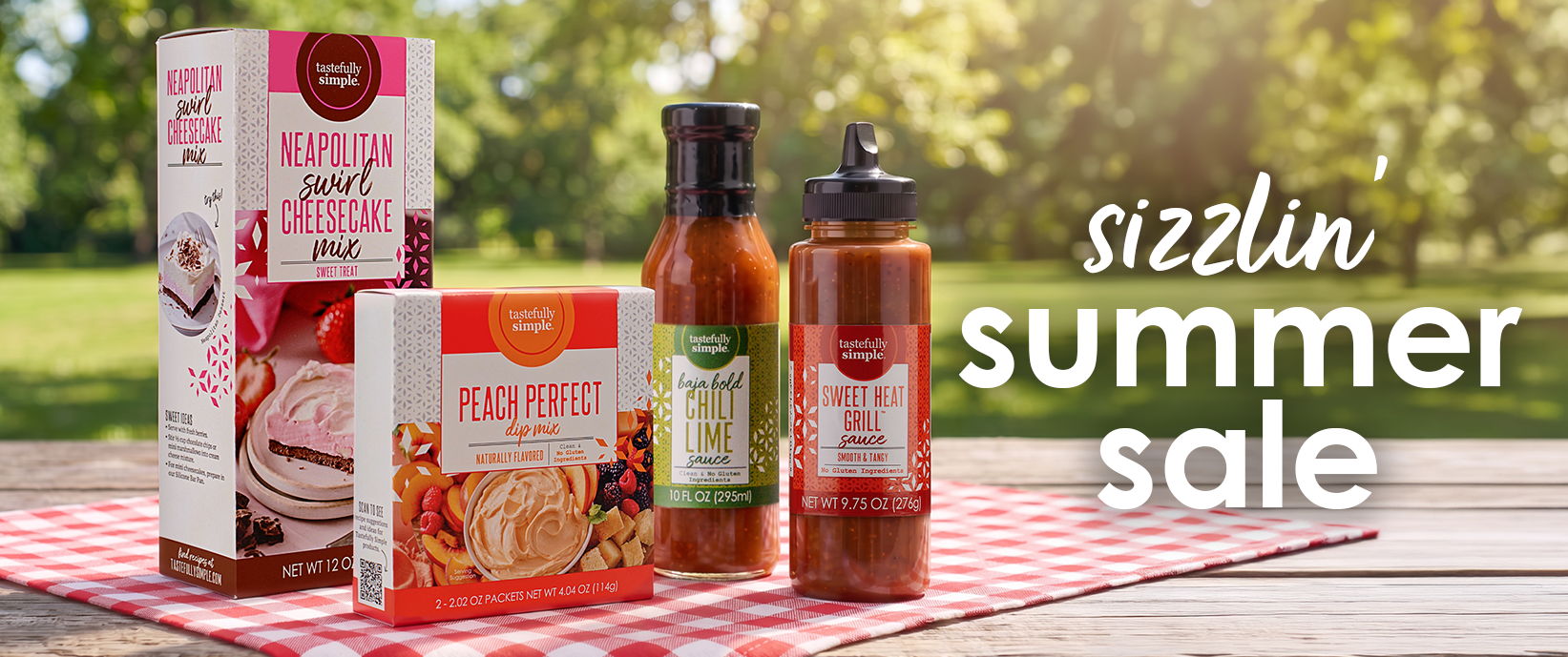 Shop the Sizzlin' Summer Sale featuring Tastefully Simple dessert mixes and grilling sauces.