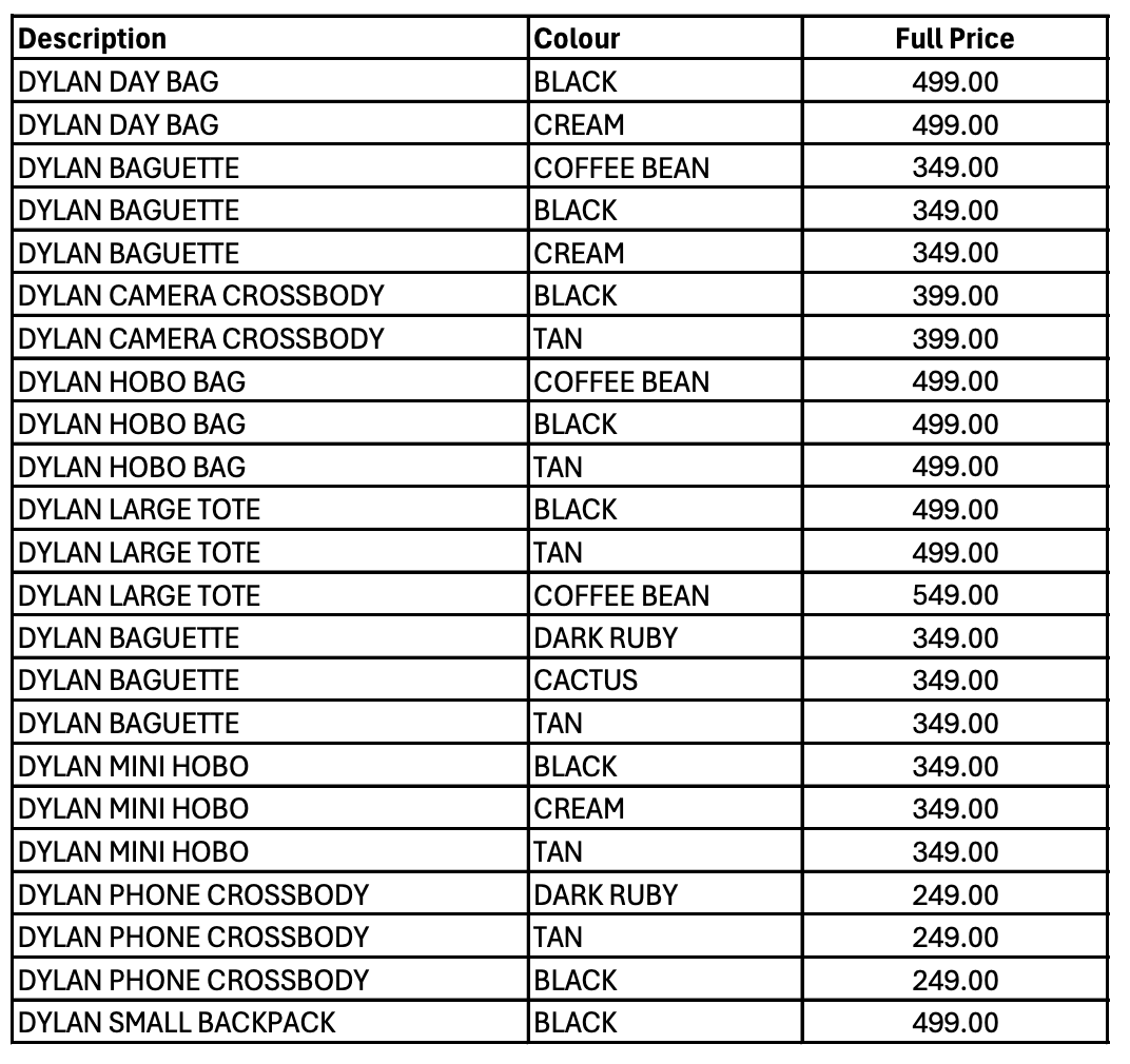 List of bags with descriptions, colors, and prices.