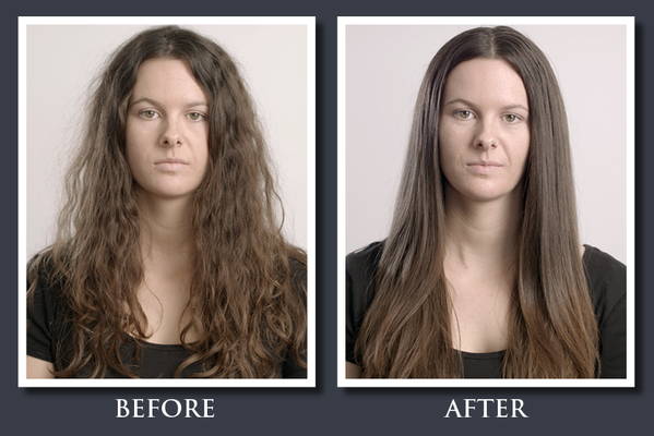 Before and after image of woman who used an at-home smoothing treatment