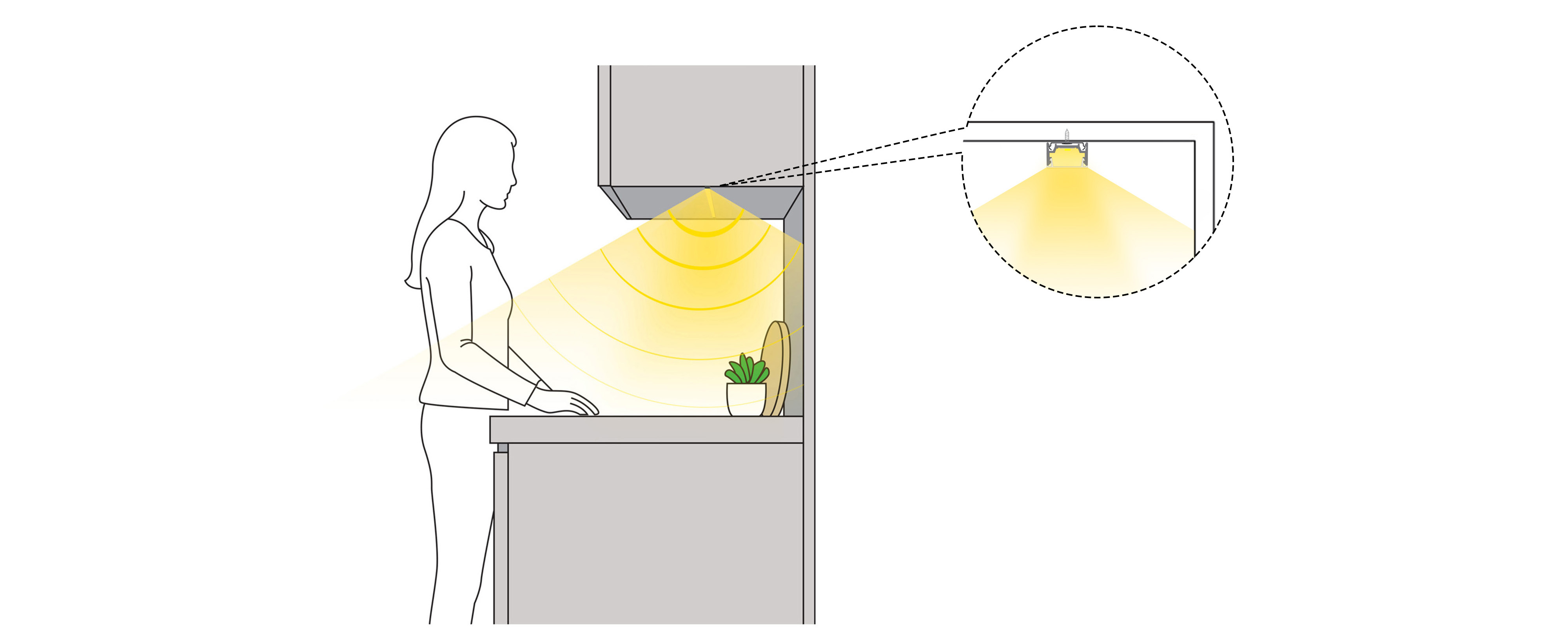 Surface mount under cabinet light installed below a kitchen cabinet