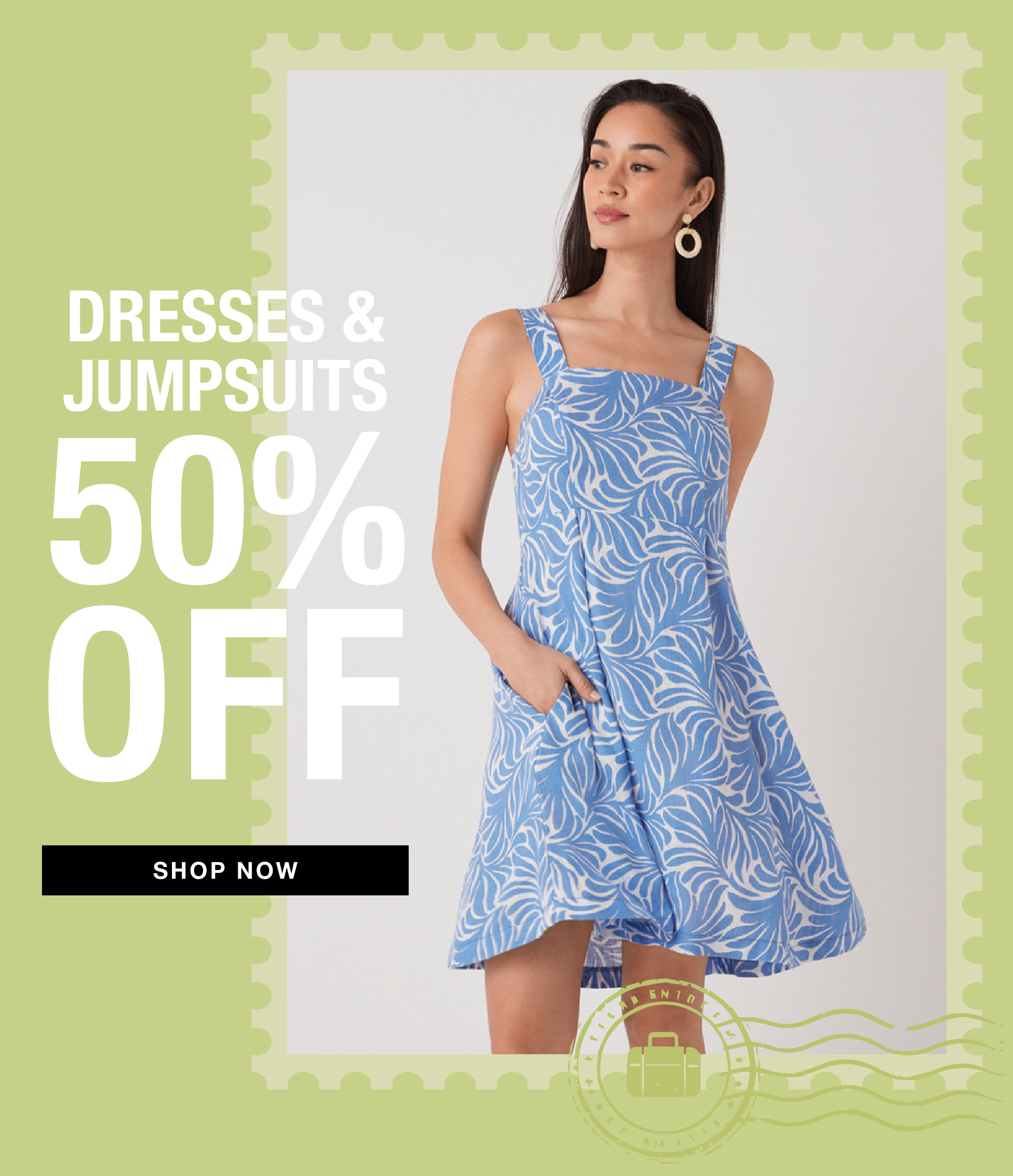 Model wearing a blue dress with promotional text for 50% off.