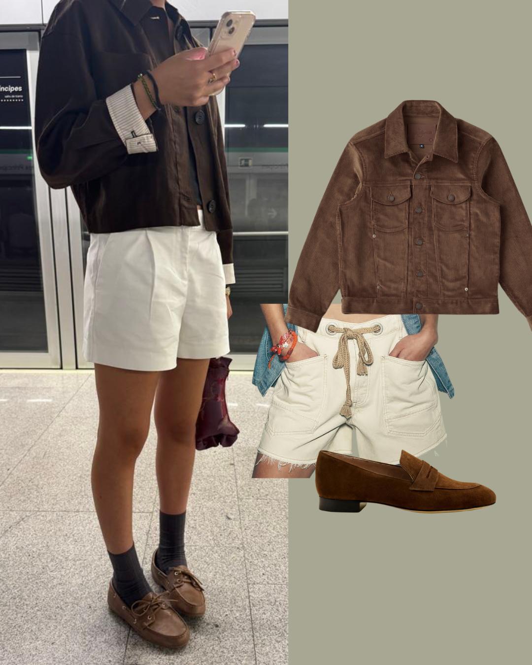 Person in stylish outfit with brown jacket, white shorts, and brown shoes.