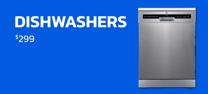 Dishwashers priced at ₹299 with a silver appliance displayed on blue background.