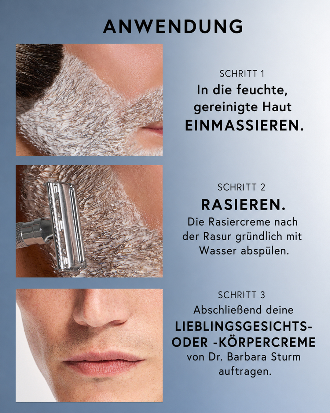 Steps for shaving and skincare application in German.
