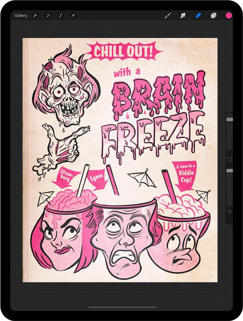 Black line work artwork of zombie brain freeze with magenta color layer added