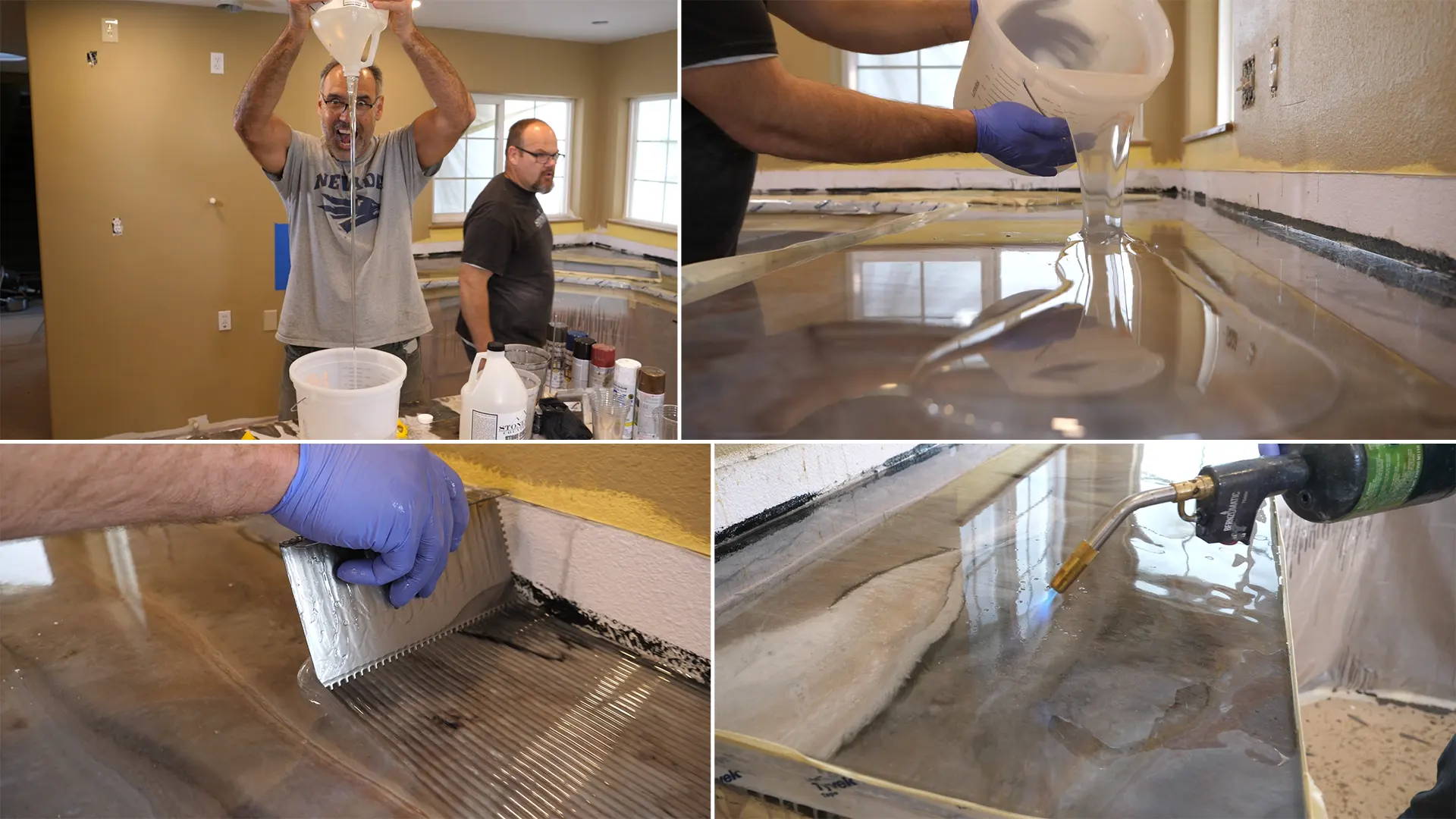 Mixing 1:1 Stone Coat Countertop Epoxy, 3 ounces per square foot, and applying evenly with a 1/8'' notch trowel. 