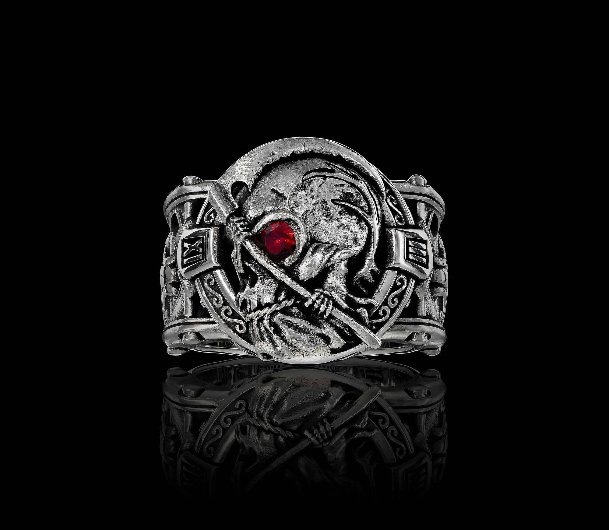 Reckoning Grim Reaper Ring in Sterling Silver with Red Garnet Gemstone