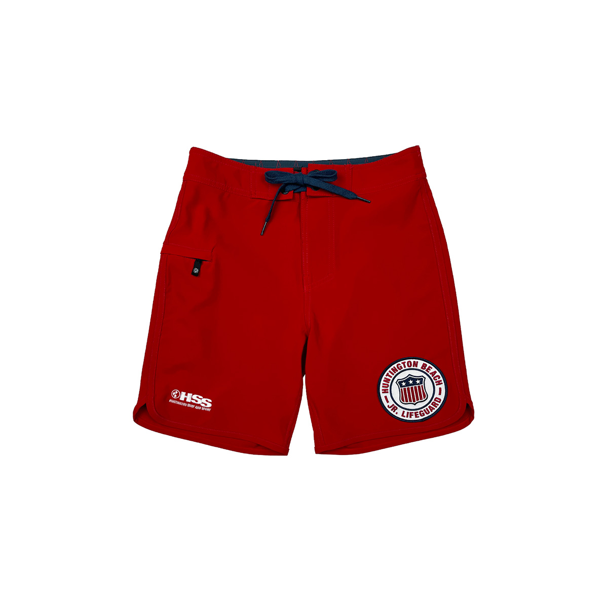 red swim trunks with HB Jr Lifeguards logo on white background