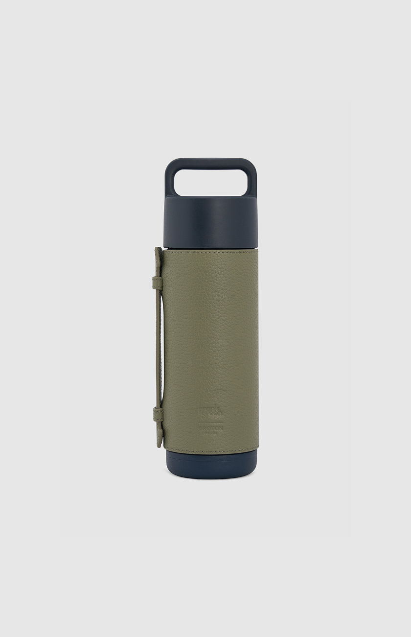 A green and navy insulated water bottle with a handle.