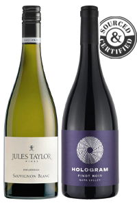 Two wine bottles: Jules Taylor Sauvignon Blanc and Hologram Pinot Noir.