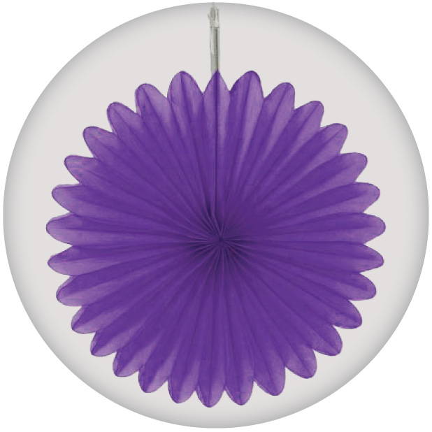 Image of hanging purple paper fan decoration. Shop all purple decorations.