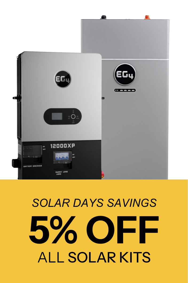 EG4 12000XP inverter and EG4 indoor WallMount battery with a promotional discount of 5% off all solar kits.