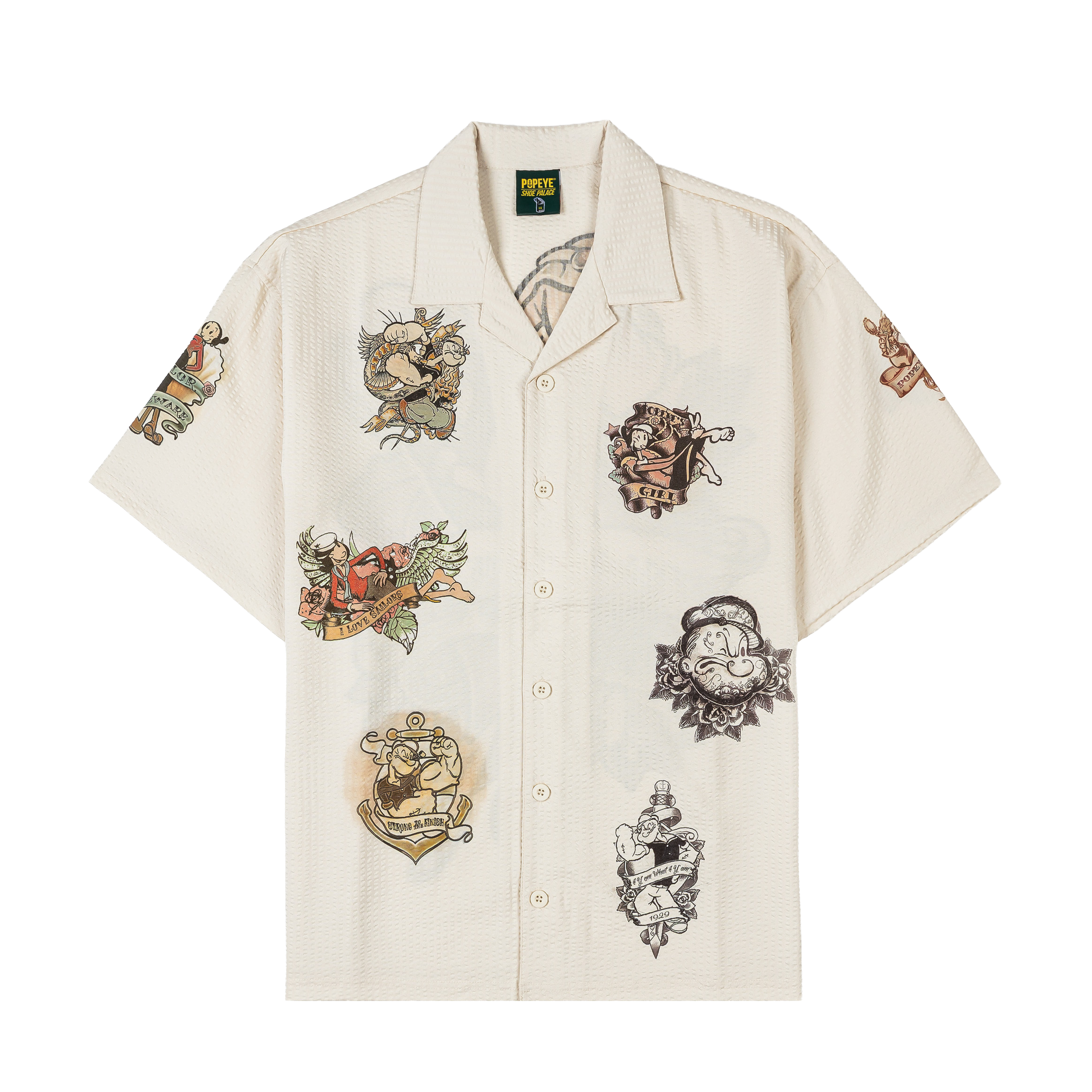 Short-sleeved cream shirt with various colorful graphic designs.