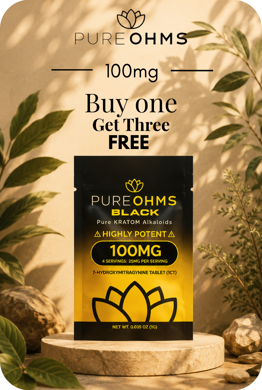 Product advertisement for Pure Ohms Black 100mg, buy one get three free.