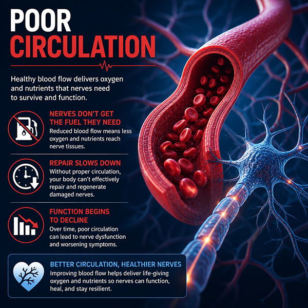 Infographic on poor circulation and its effects on health.