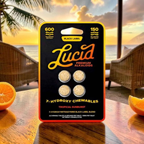 Lucid hydroxy chewables packaging with sunset and tropical scenery in background.